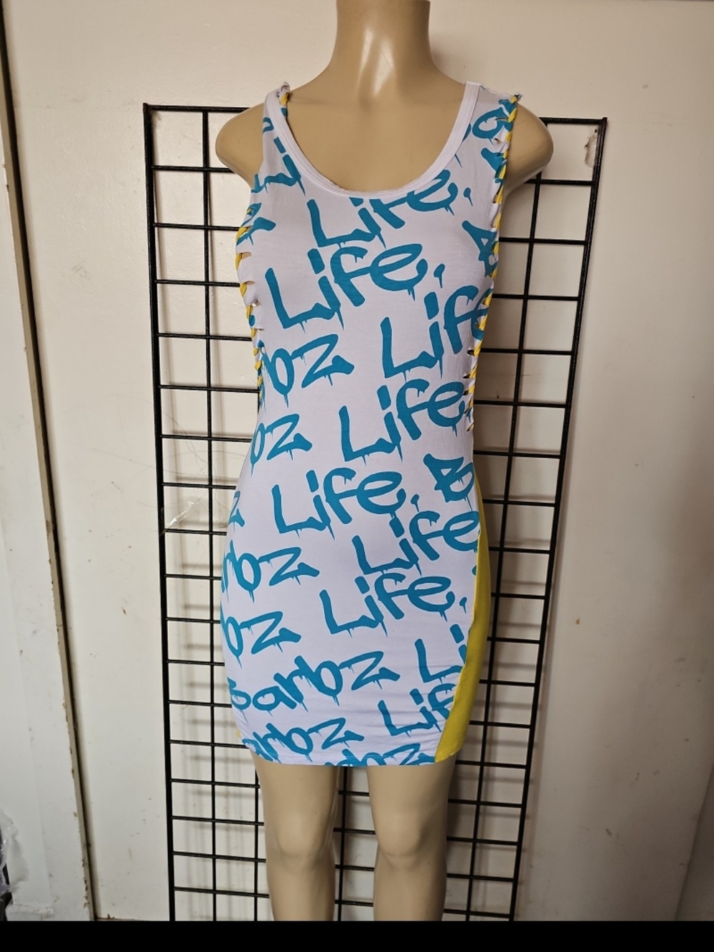 Nicki Minaj White Tank Dress with Blue Graffiti and Yellow Panels